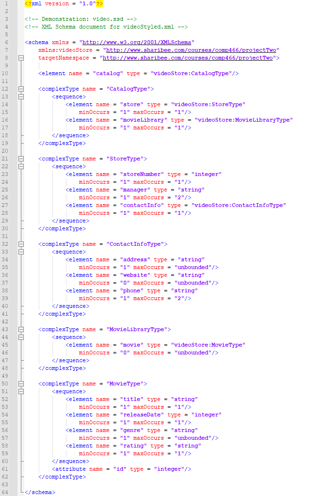 Schema for videostore XML